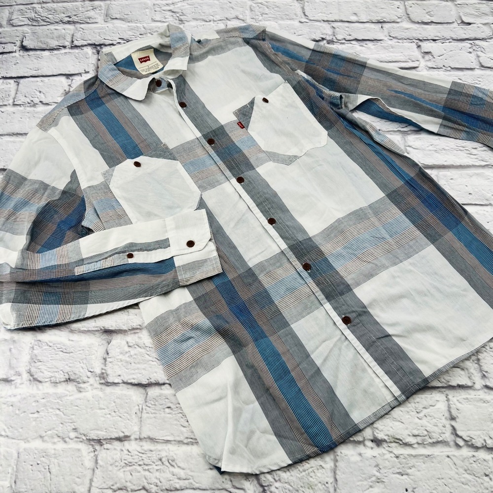 Levi Strauss Mens L Button Up Long Sleeve Plaid Shirt Blue White Gray